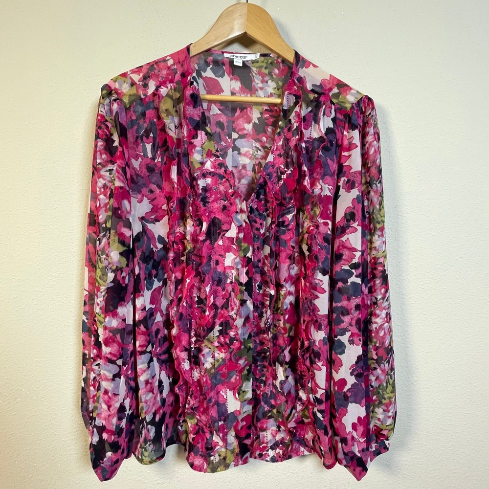 Chico's Floral Ruffle Blouse 3.5 US 18 Pink Sheer Feminine Long Sleeve Boho